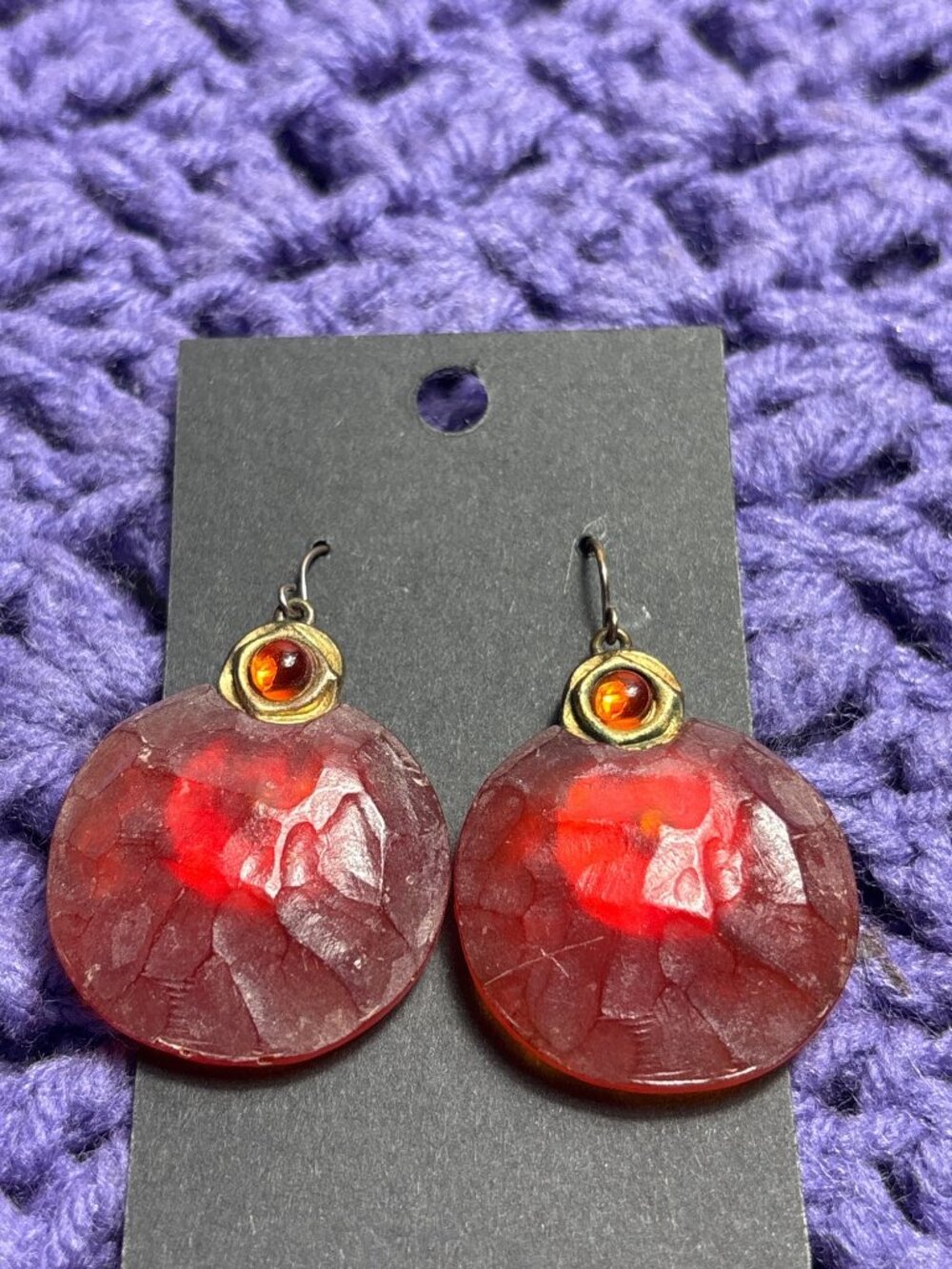Chico's Red Textured Plastic Circle Dangle Earrings Goldtone 1.5 inches